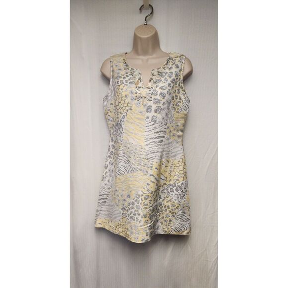 Ruby Rd. Beaded Notched V-Neck Floral Linen Shift Dress White Size 6P - Picture 2 of 8